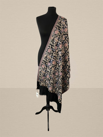 Luxury Onyx Rose Flower design Pashmina Stole | Fine Machine Silk Threadwork - LoomFable