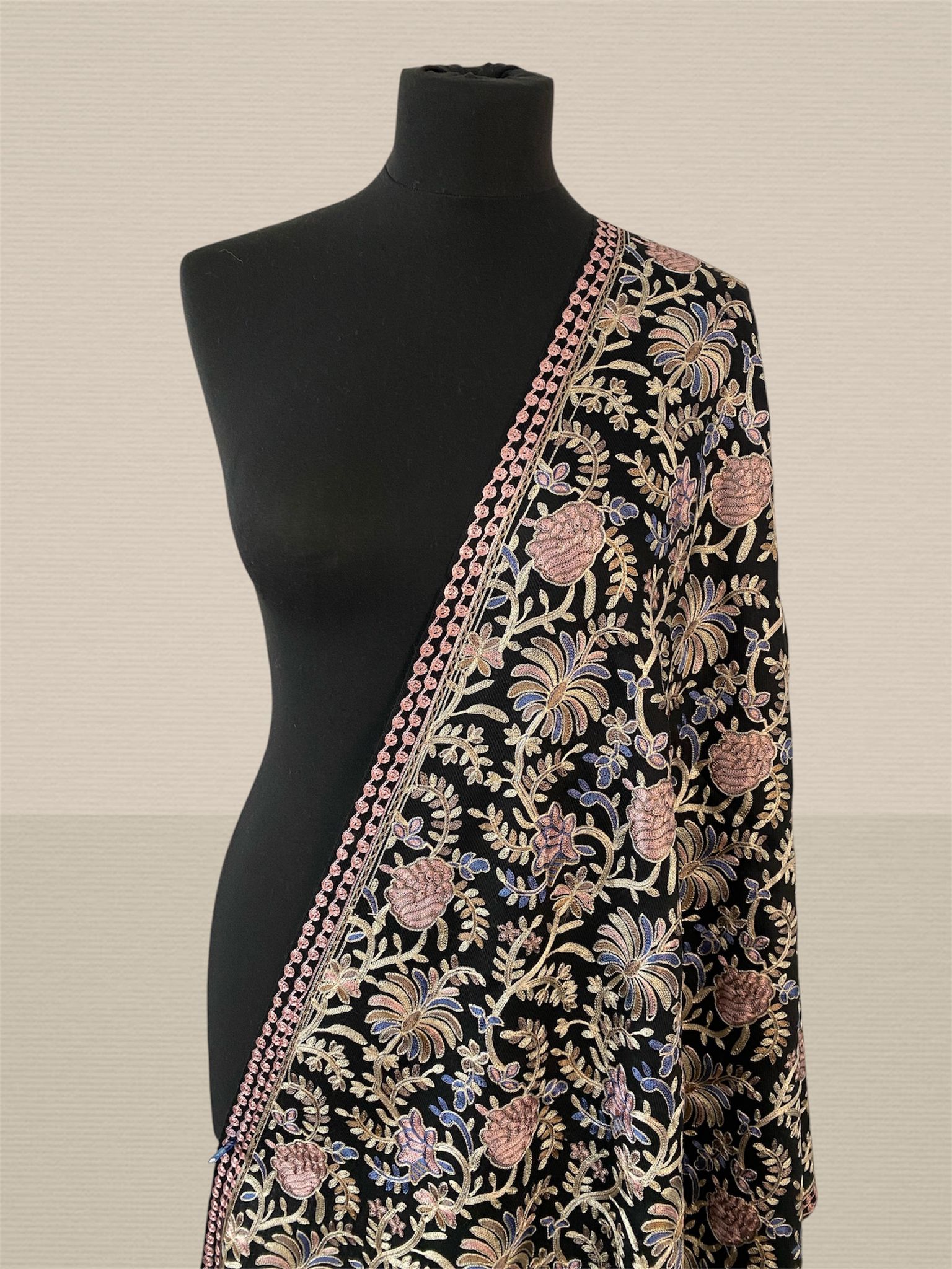 Luxury Onyx Rose Flower design Pashmina Stole | Fine Machine Silk Threadwork - LoomFable