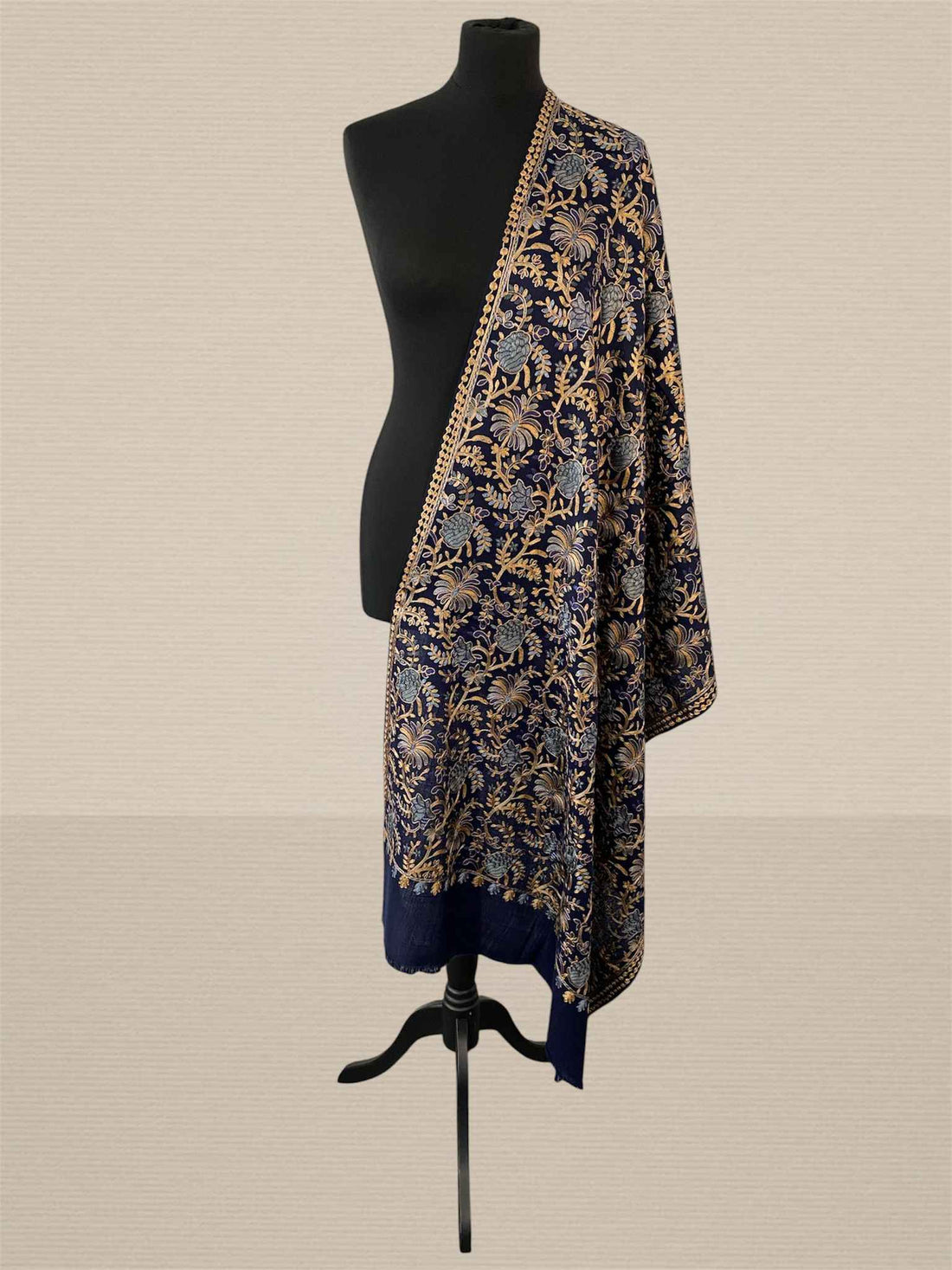 Luxury Navy Blue Flower Design Silk Thread Embriodery Pashmina Stole