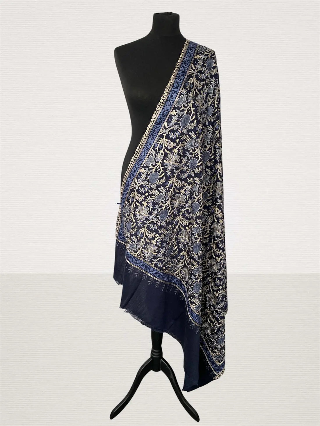 Luxury Navy Blue Pashmina Shawl – Majestic Machine Silk Thread Embriodery - LoomFable