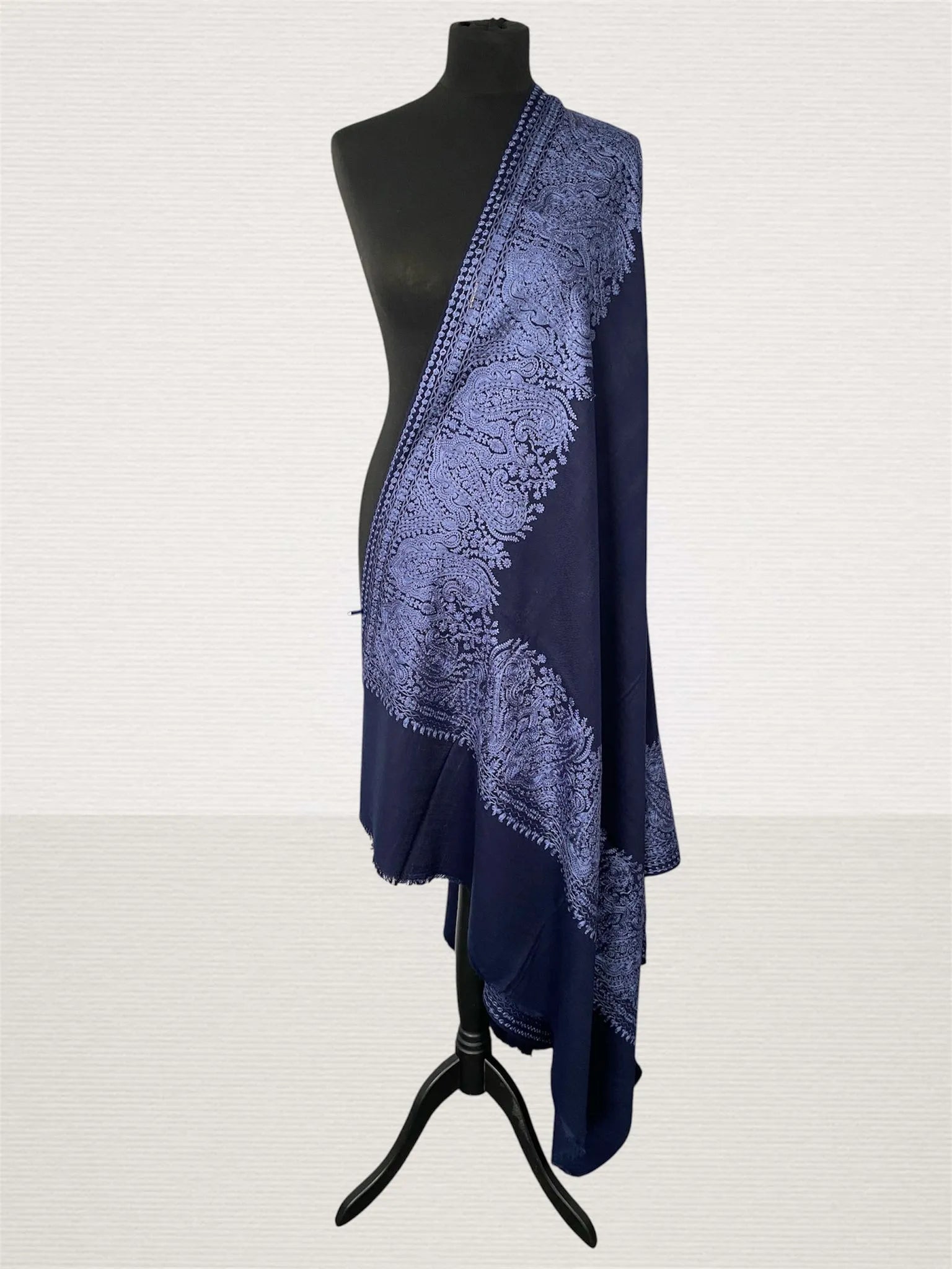 Luxury Blue Pashmina Shawl - Four Side Royal Silk Thread Embriodery - LoomFable