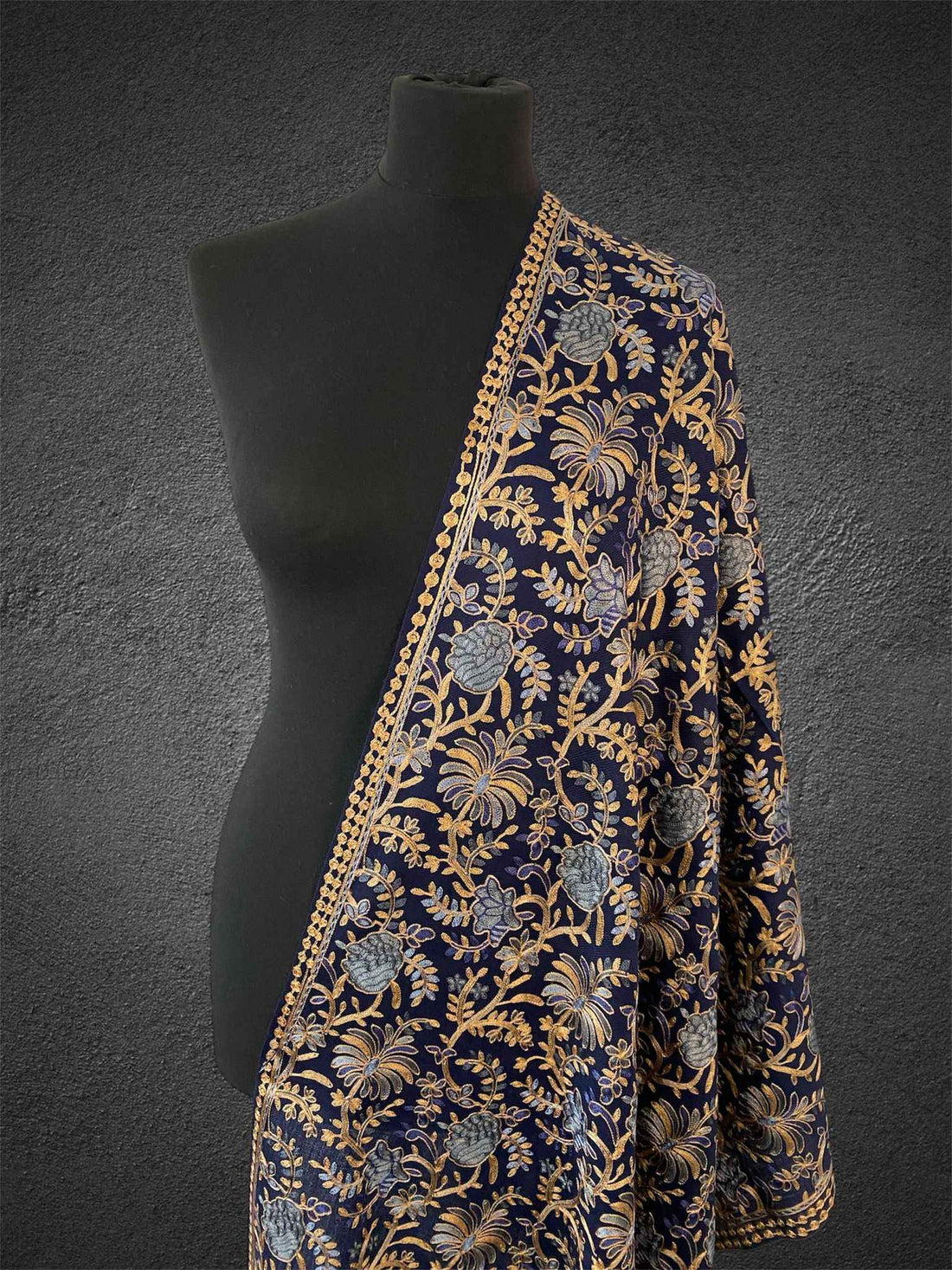 Luxury Navy Blue Flower Design Silk Thread Embriodery Pashmina Stole