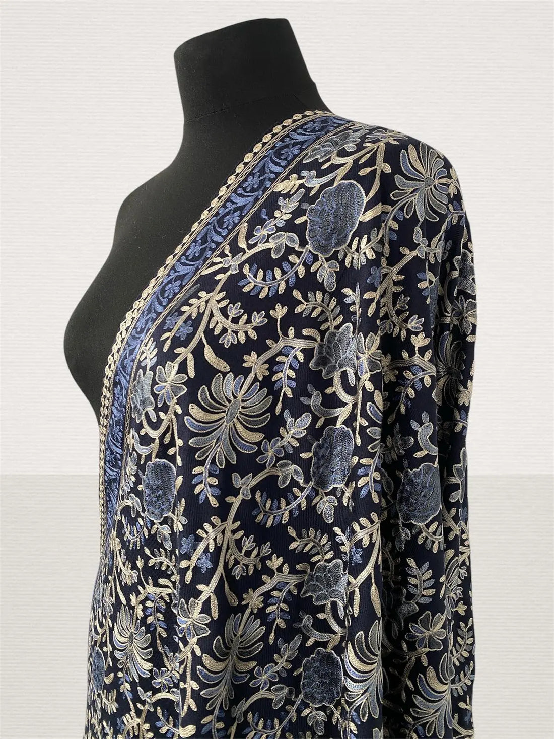 Luxury Navy Blue Pashmina Shawl – Majestic Machine Silk Thread Embriodery - LoomFable