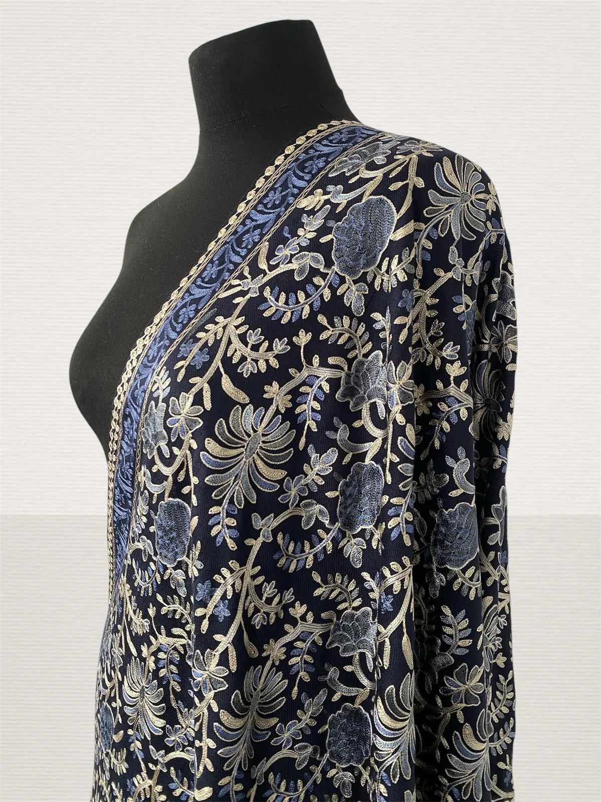 Luxury Navy Blue Pashmina Shawl – Majestic Machine Silk Thread Embriodery - LoomFable
