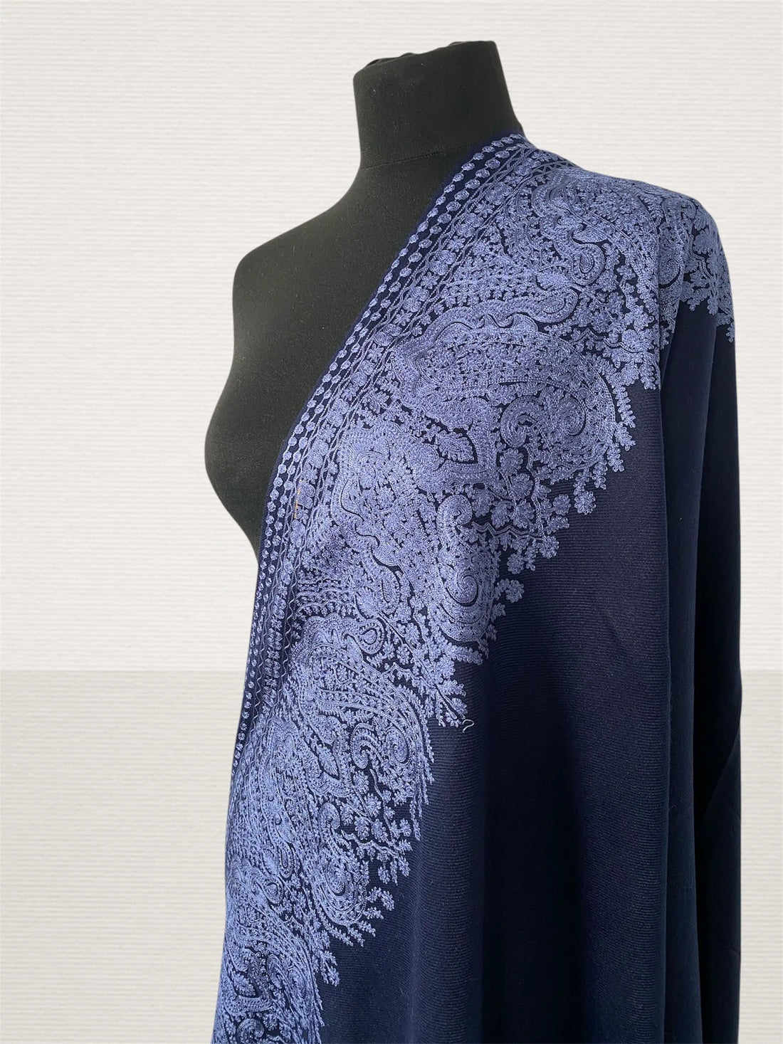 Luxury Blue Pashmina Shawl - Four Side Royal Silk Thread Embriodery - LoomFable