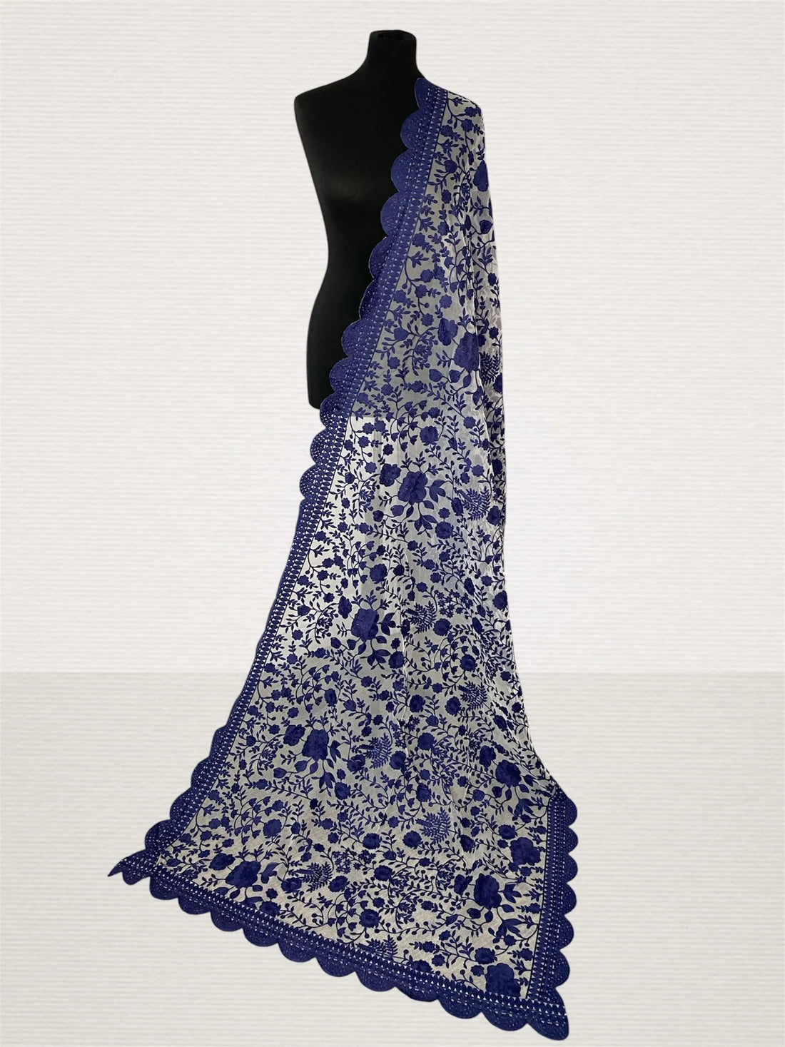 Royal Indigo Soft Organza Dupatta | Intricate Aari Floral Embroidery - LoomFable
