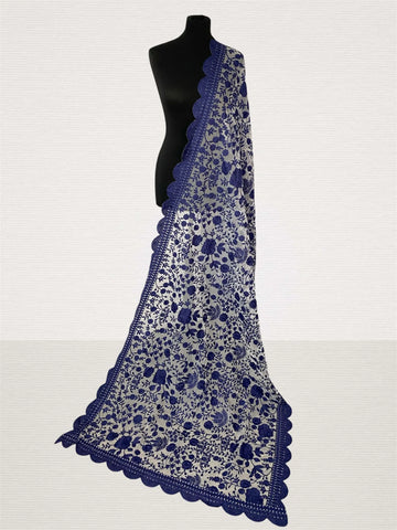 Royal Indigo Soft Organza Dupatta | Intricate Aari Floral Embroidery - LoomFable