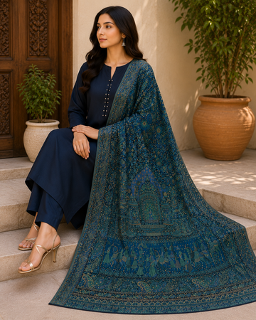 Luxury Kashmiri Handloom Kani Silk Dupatta – Heritage Darbar Scene | Artisan Dupatta