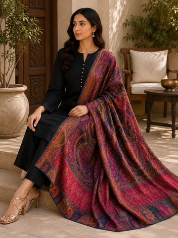 Luxury Handloom Kashmiri Kani Silk Dupatta – Paisley Woven Heritage
