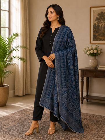 Premium Handloom Moonlight Reversable Kani Toosh Pashmina Shawl – Midnight Blue Heritage Weave