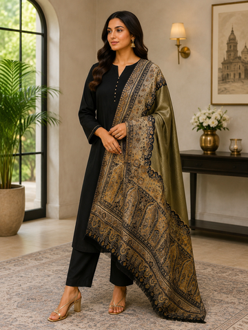 Premium Handloom Kani Toosh Pashmina Shawl – Center Moonlight Design | Authentic Kashmiri Shawl