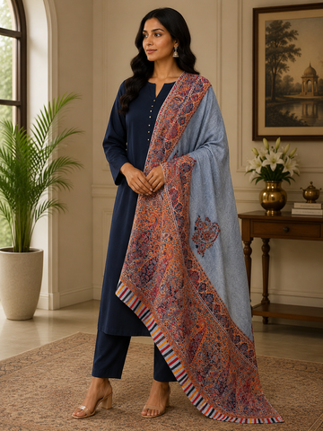 Luxury Handwoven Kani Shawl on Toosh Pashmina with Heavy Border Work