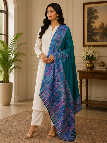 Luxury Handwoven Kani Shawl on Toosh Pashmina with Heavy Embriodery