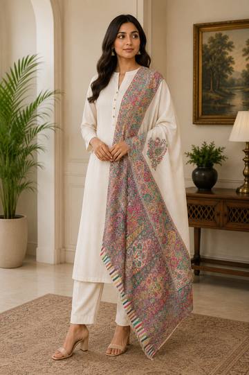 Luxury Handwoven Kani Shawl on Toosh Pashmina with Heavy Embriodery