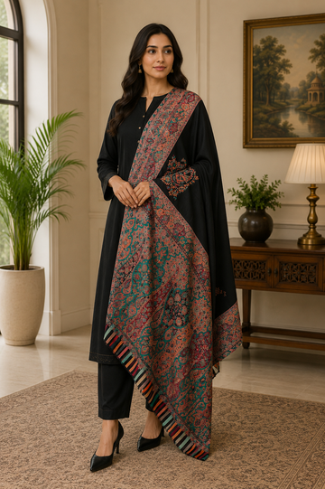 Luxury Handwoven Kani Shawl on Toosh Pashmina with Heavy Embriodery