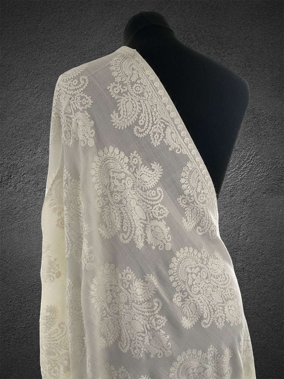 Luxury Pashmina Shawl White on White – Royal Aari Thread Embroidery - LoomFable