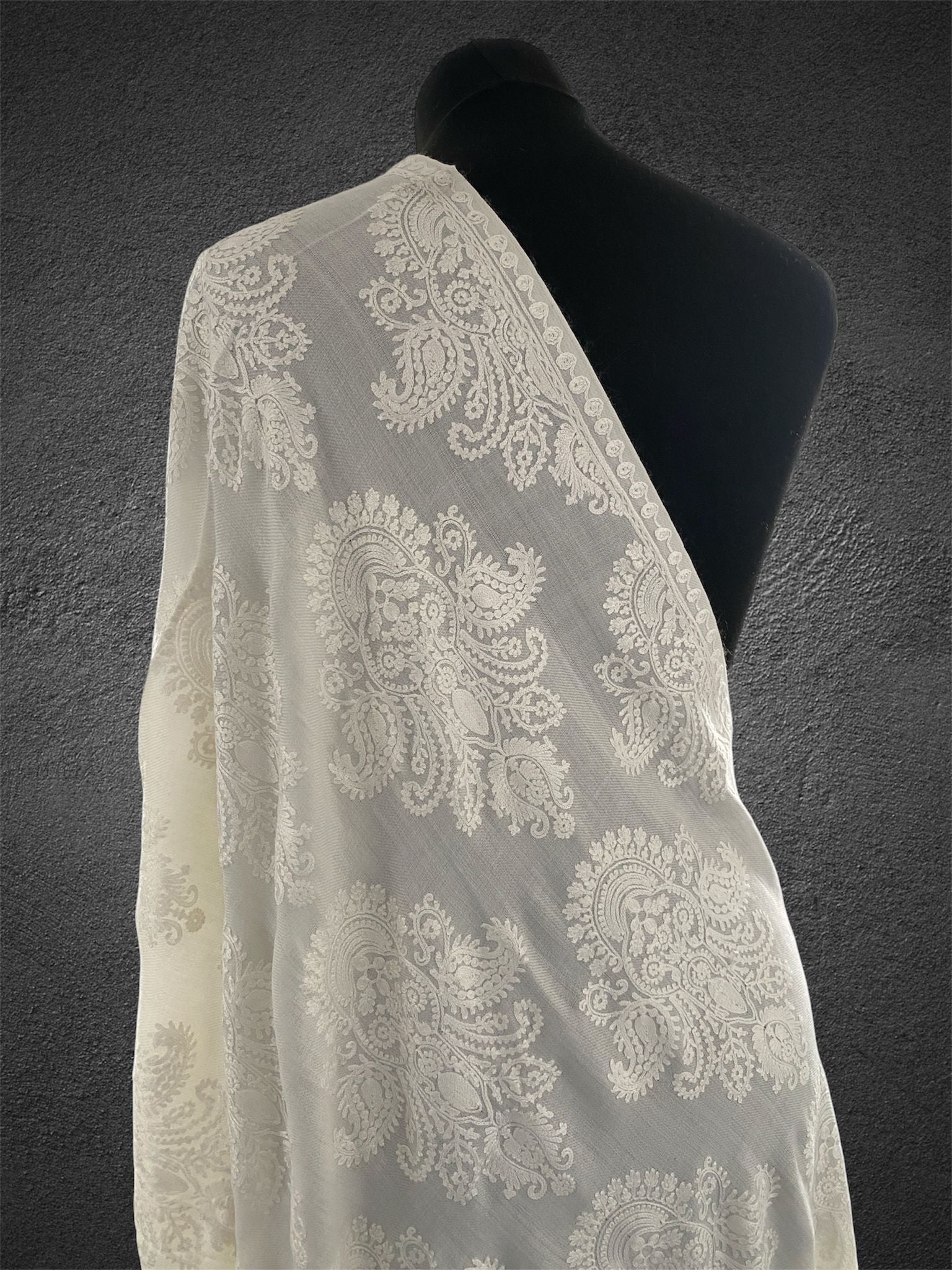 Luxury Pashmina Shawl White on White – Royal Aari Thread Embroidery - LoomFable
