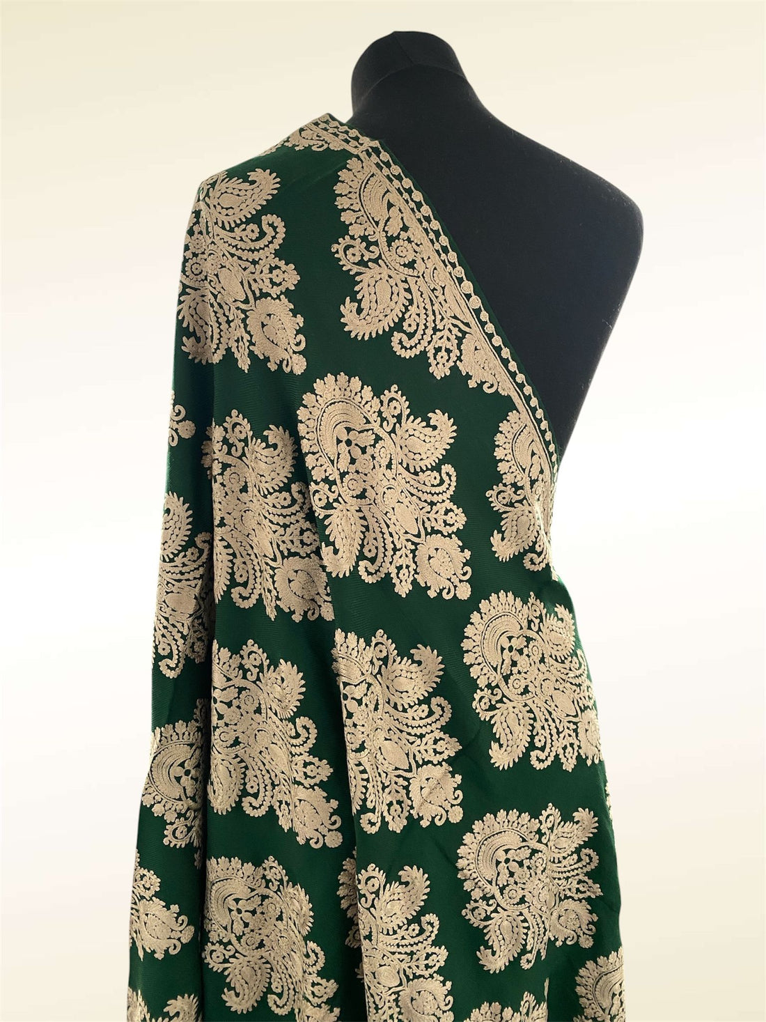 Luxury Pashmina Shawl Forest Green – Royal Aari Thread Machine Embroidery - LoomFable