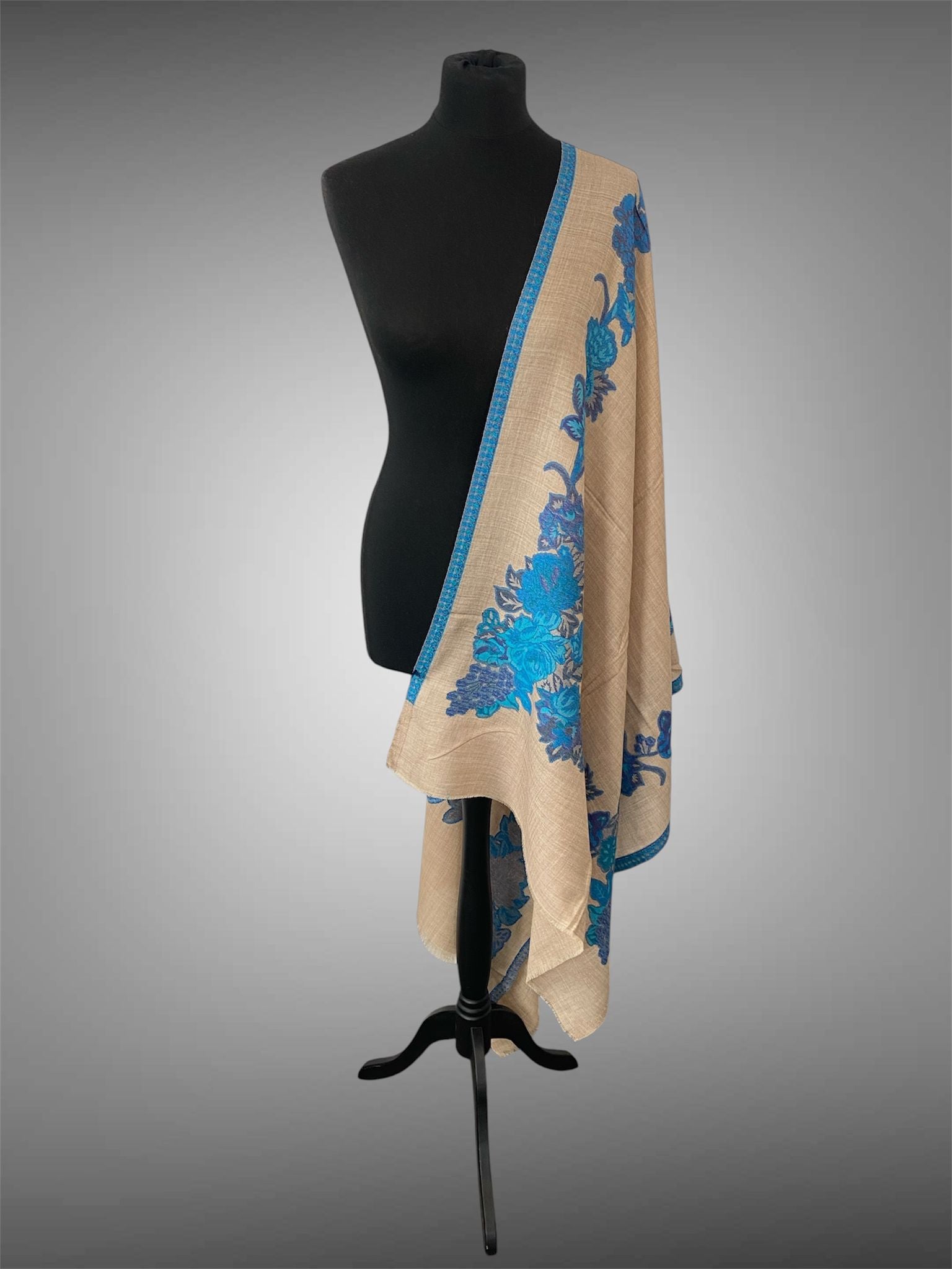 Beige & Blue Floral Kani Pashmina Stole – 4-Side Border Handloom Wrap. - LoomFable