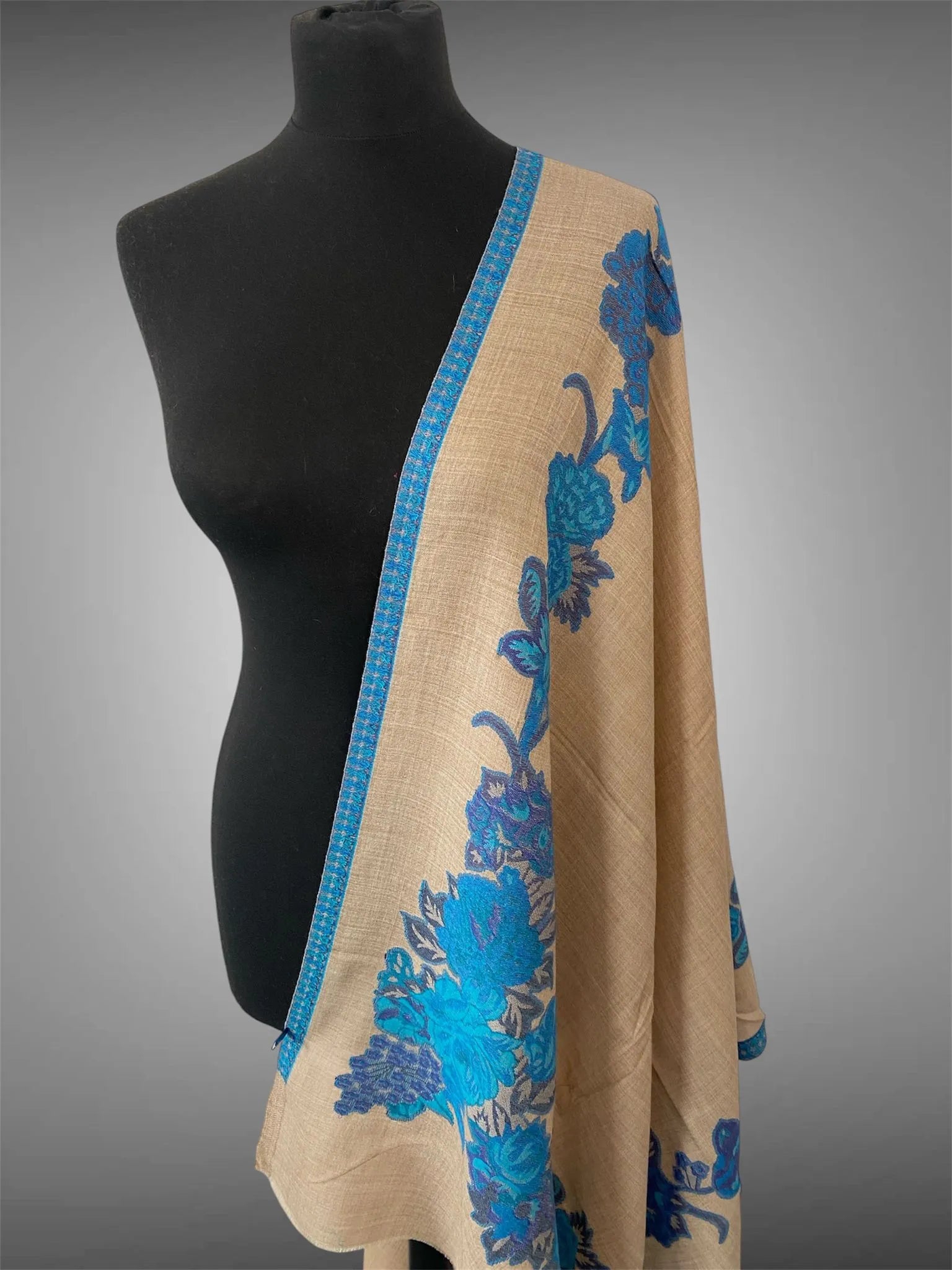 Beige & Blue Floral Kani Pashmina Stole – 4-Side Border Handloom Wrap. - LoomFable