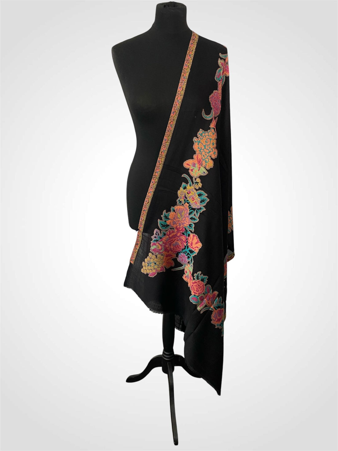 Black and Multi Tonal Florals Kani Pashmina Stole – 4-Side Border Handloom Wrap - LoomFable