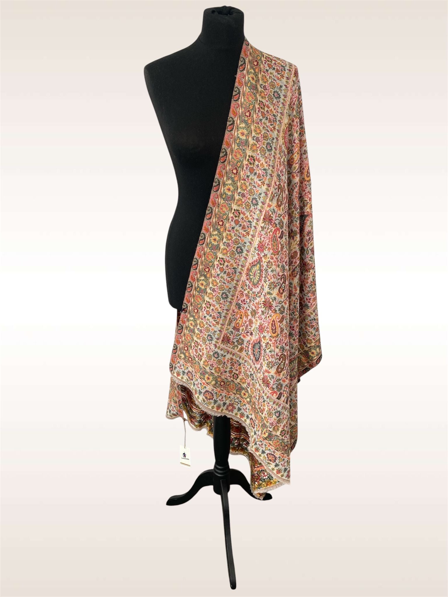Pearl White Kani Ambi Flower Stole – Handloom Toosh Pashmina Floral Wrap - LoomFable
