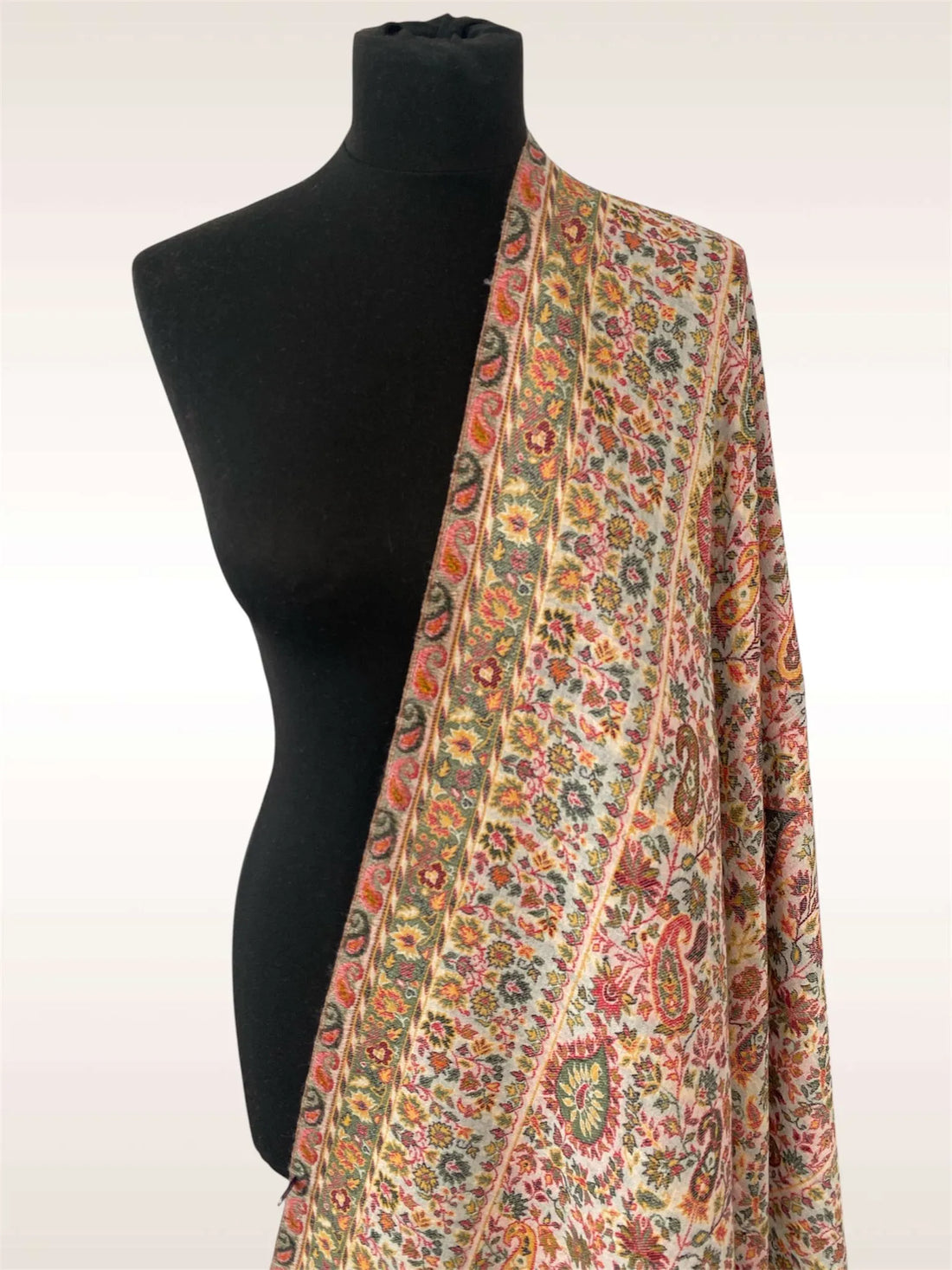 Pearl White Kani Ambi Flower Stole – Handloom Toosh Pashmina Floral Wrap - LoomFable