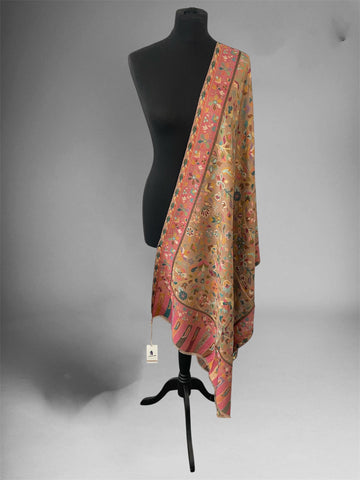 Natural Brown Kani Floral Stole – Handloom Toosh Pashmina Multi-Flower Wrap - LoomFable