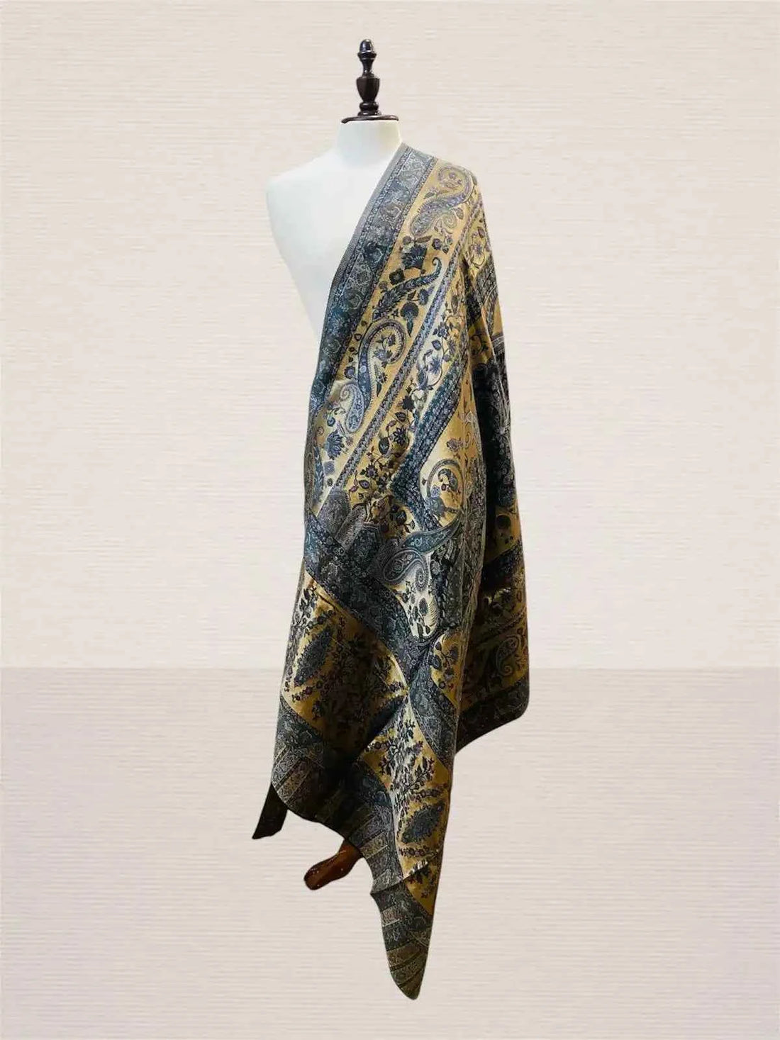Luxury Slate Grey-Blue & Antique Gold Kani Silk Paisley Dupatta Moonlight - Handwoven Wrap