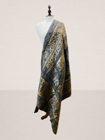 Luxury Slate Grey-Blue & Antique Gold Kani Silk Paisley Dupatta Moonlight - Handwoven Wrap