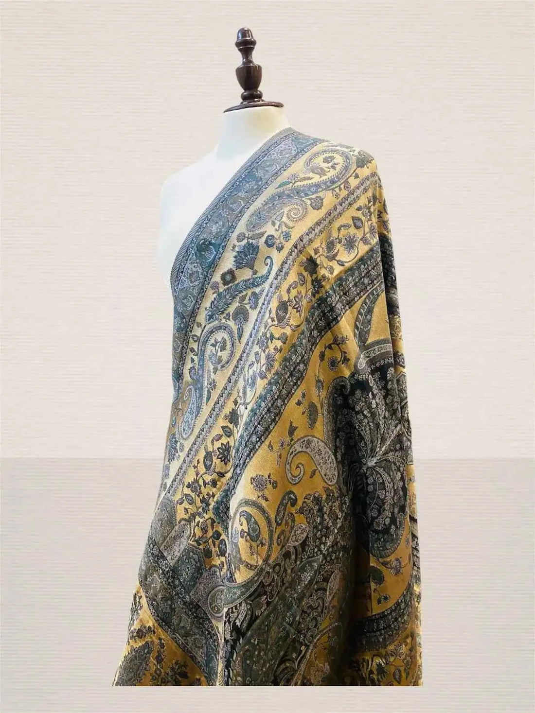 Luxury Slate Grey-Blue & Antique Gold Kani Silk Paisley Dupatta Moonlight - Handwoven Wrap