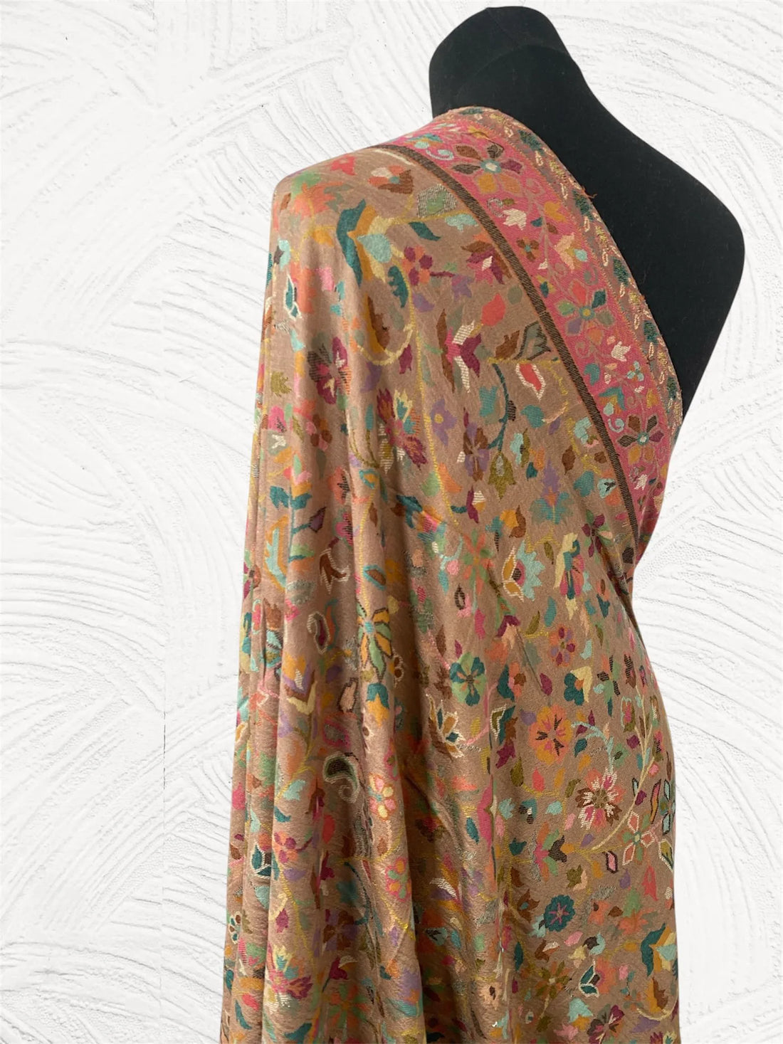 Handloom Kani Shawl in Toosh Pashmina – Brown Multi-Flower Heritage Weave - LoomFable