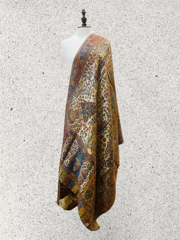 Luxury Antique Gold Mosaic Fine Floral Kani Silk Dupatta with Moonlight - Handloom Wrap