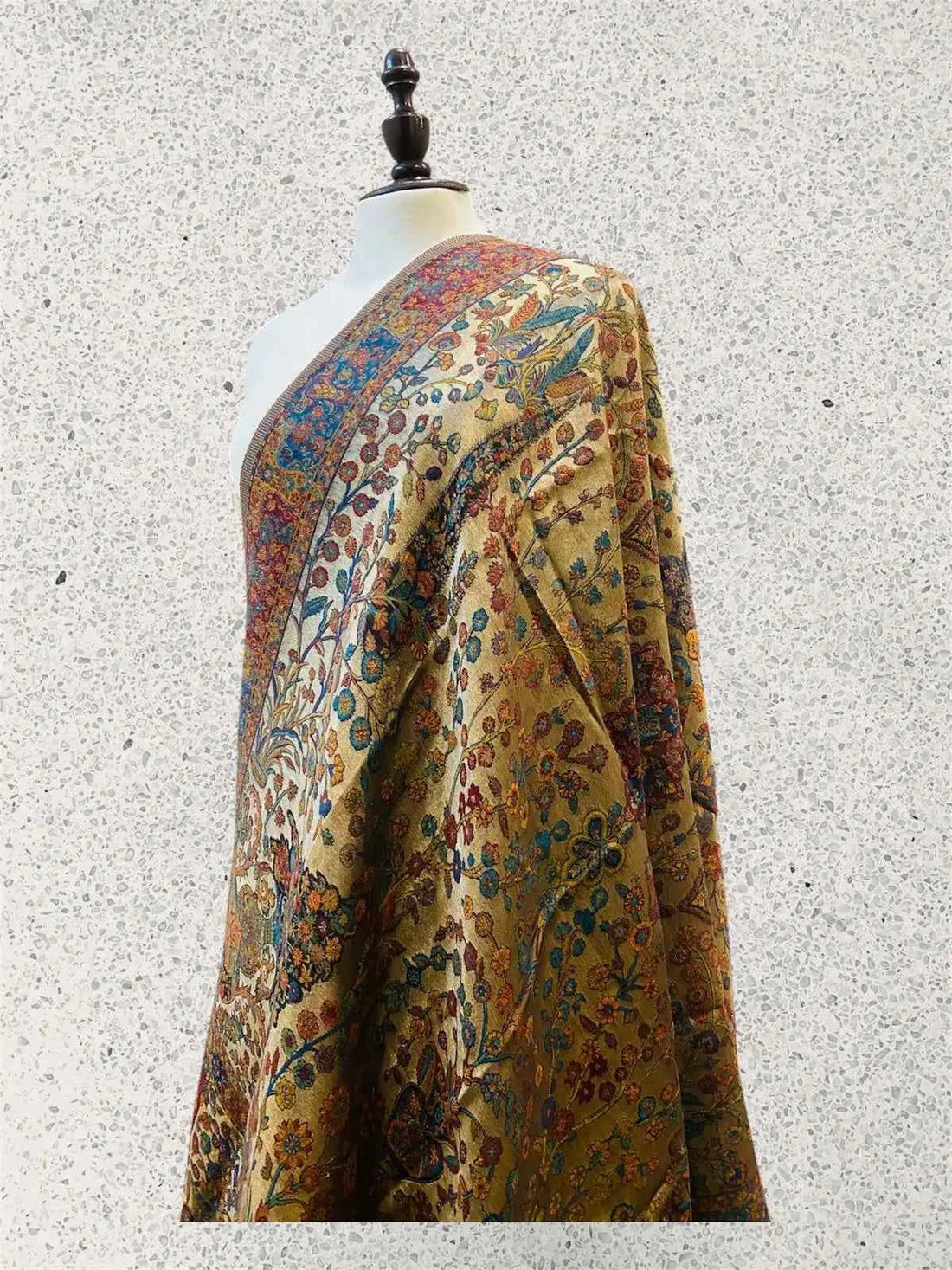 Luxury Antique Gold Mosaic Fine Floral Kani Silk Dupatta with Moonlight - Handloom Wrap