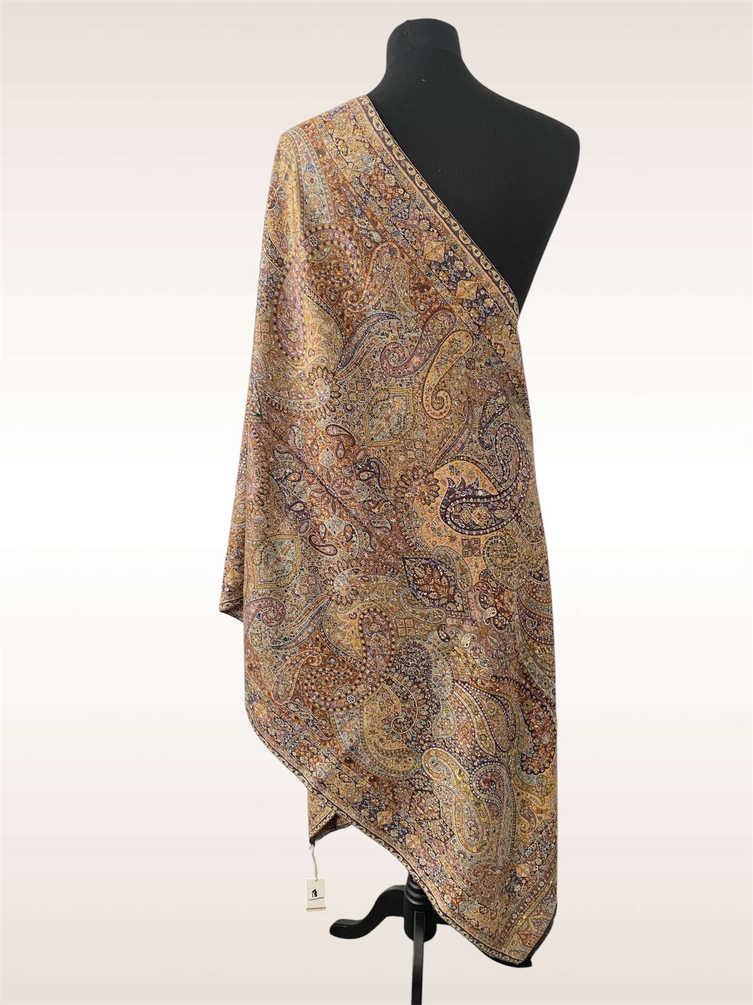 Champagne Kani Silk Modal Stole – Neutral Floral Hand-finished Wrap - LoomFable