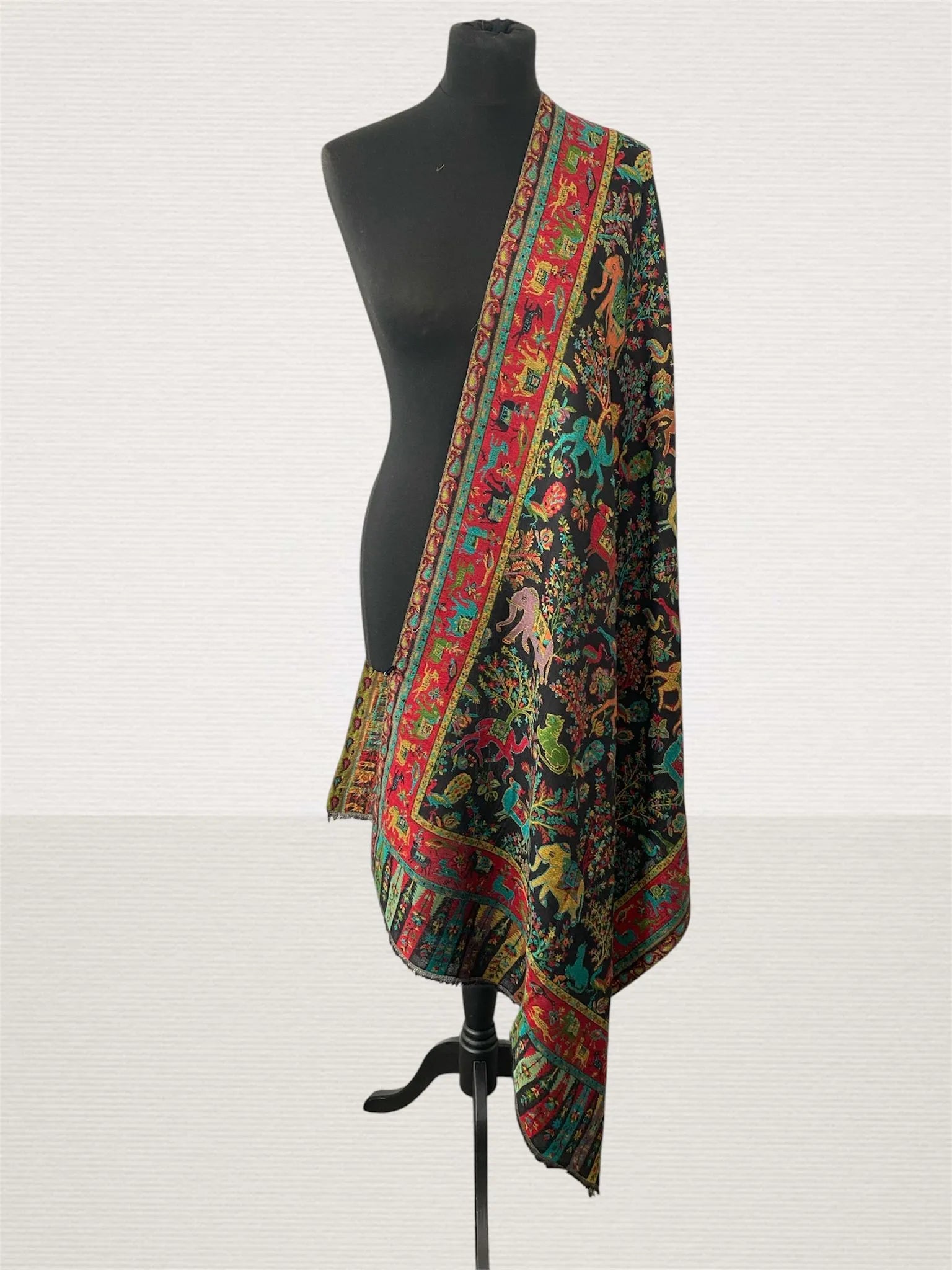 Midnight Black Kani Animal Design Stole – Handwoven Shikargah Toosh Pashmina Wrap. - LoomFable