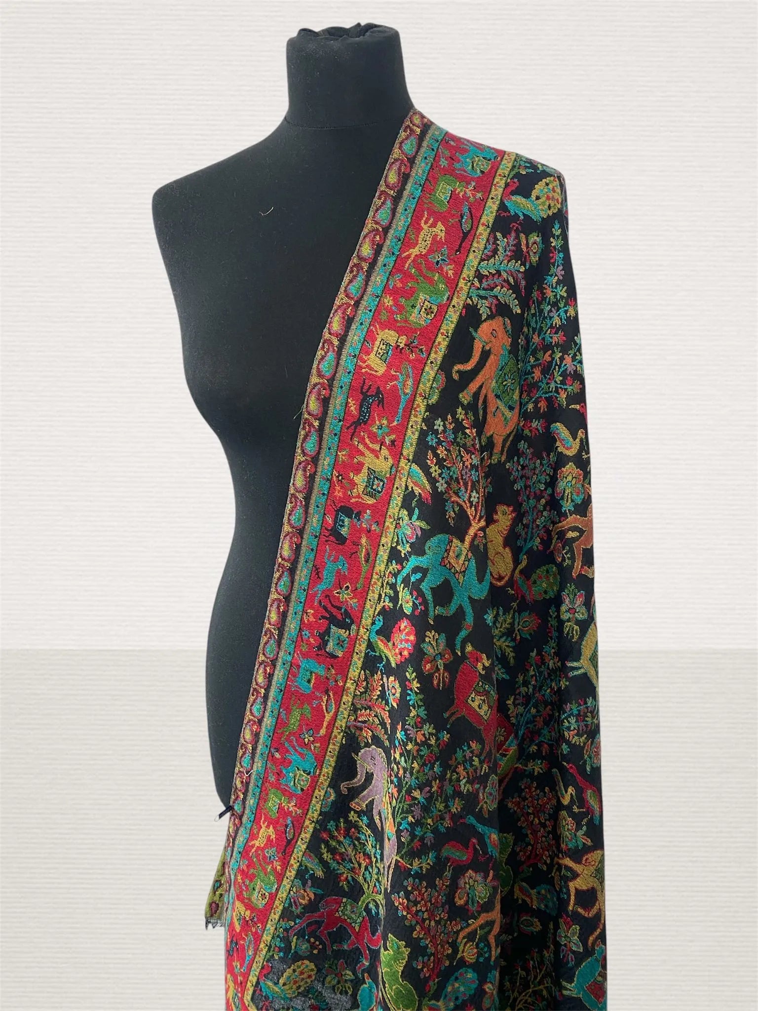 Midnight Black Kani Animal Design Stole – Handwoven Shikargah Toosh Pashmina Wrap. - LoomFable