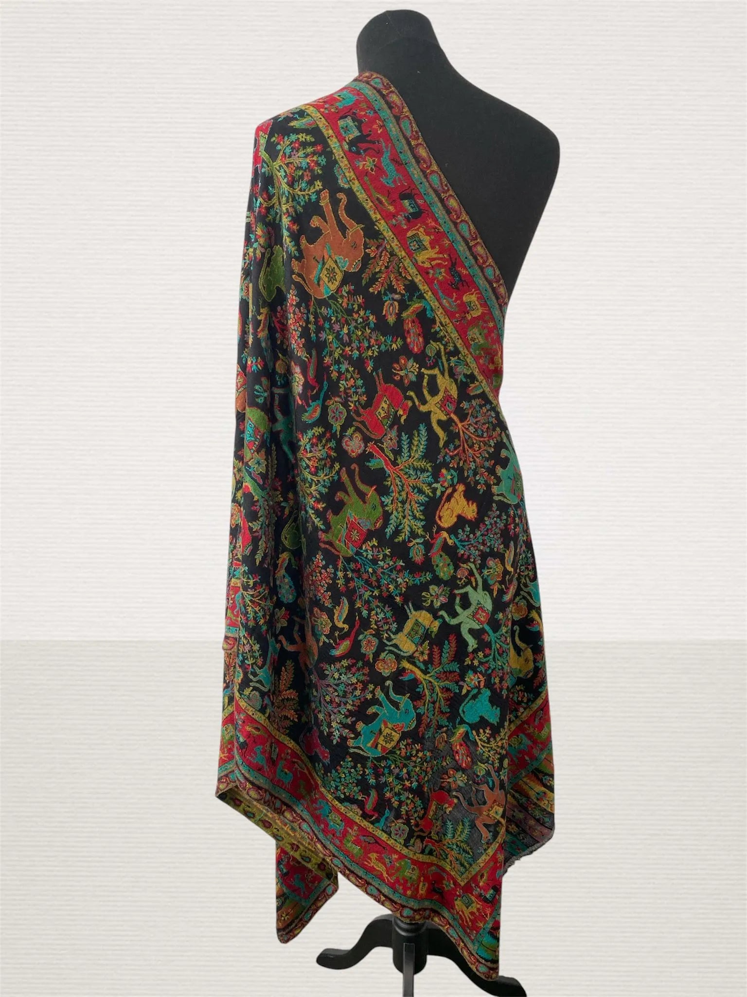 Midnight Black Kani Animal Design Stole – Handwoven Shikargah Toosh Pashmina Wrap. - LoomFable