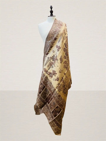 Luxury Chestnut Brown & Antique Gold Kani Silk Flower Dupatta Moonlight - Handwoven Wrap