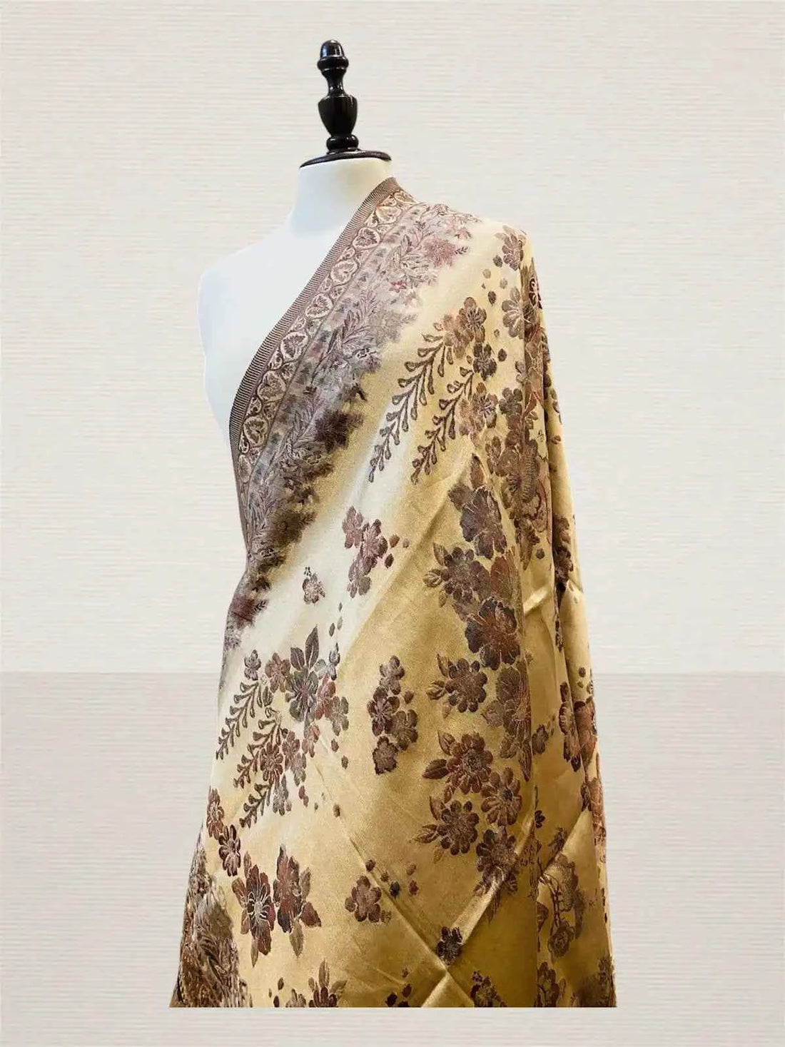 Luxury Chestnut Brown & Antique Gold Kani Silk Flower Dupatta Moonlight - Handwoven Wrap