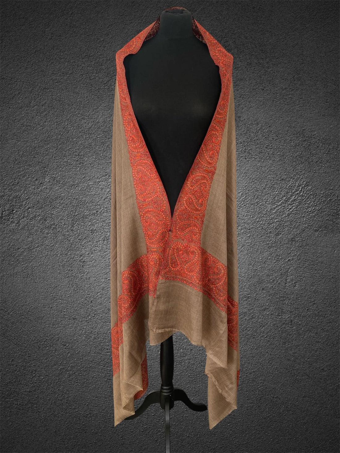 Luxury Natural Cedar Toosh Pashmina Shawl | Hand-Needle Sozni Embroidery - LoomFable