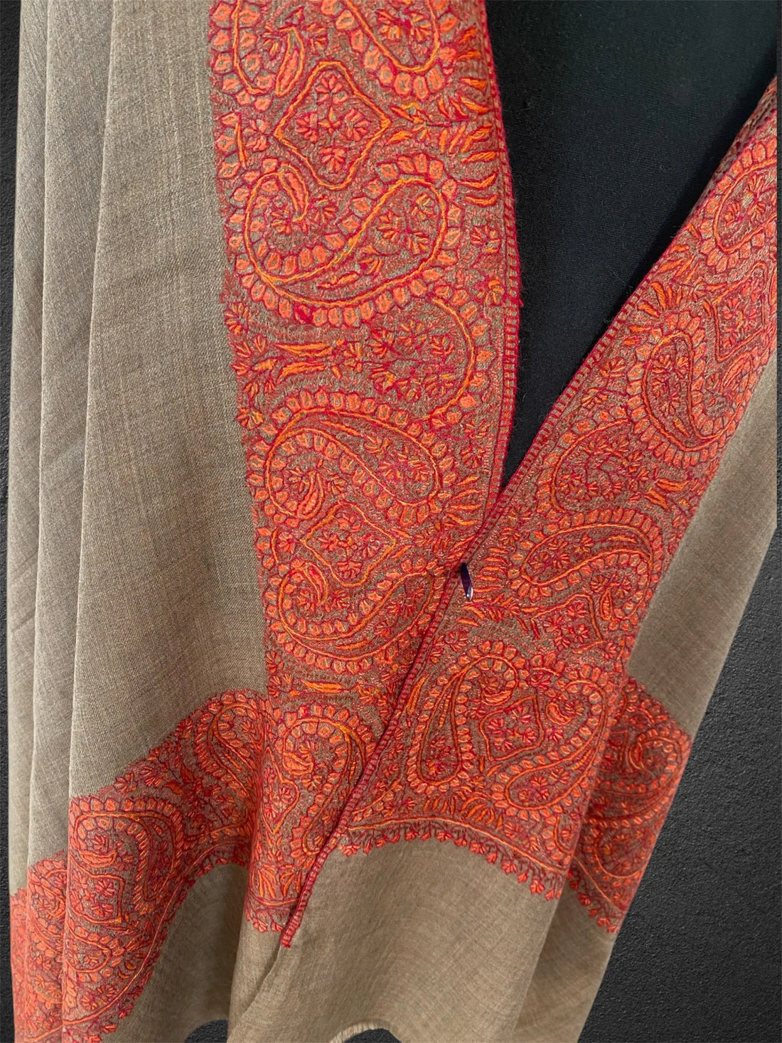 Luxury Natural Cedar Toosh Pashmina Shawl | Hand-Needle Sozni Embroidery - LoomFable