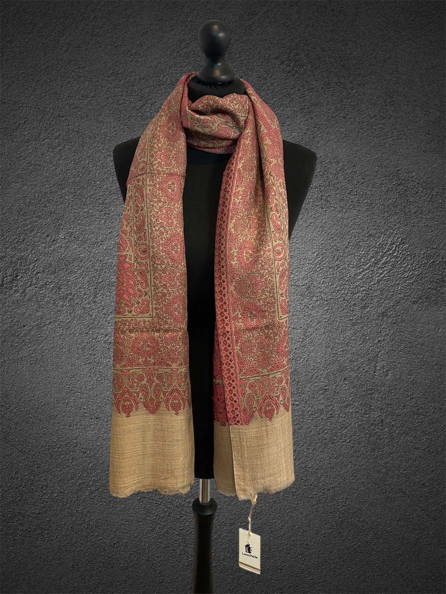 Luxury Natural Pink Paisley Kani Stole | Hand-Woven Toosh Pashmina - LoomFable