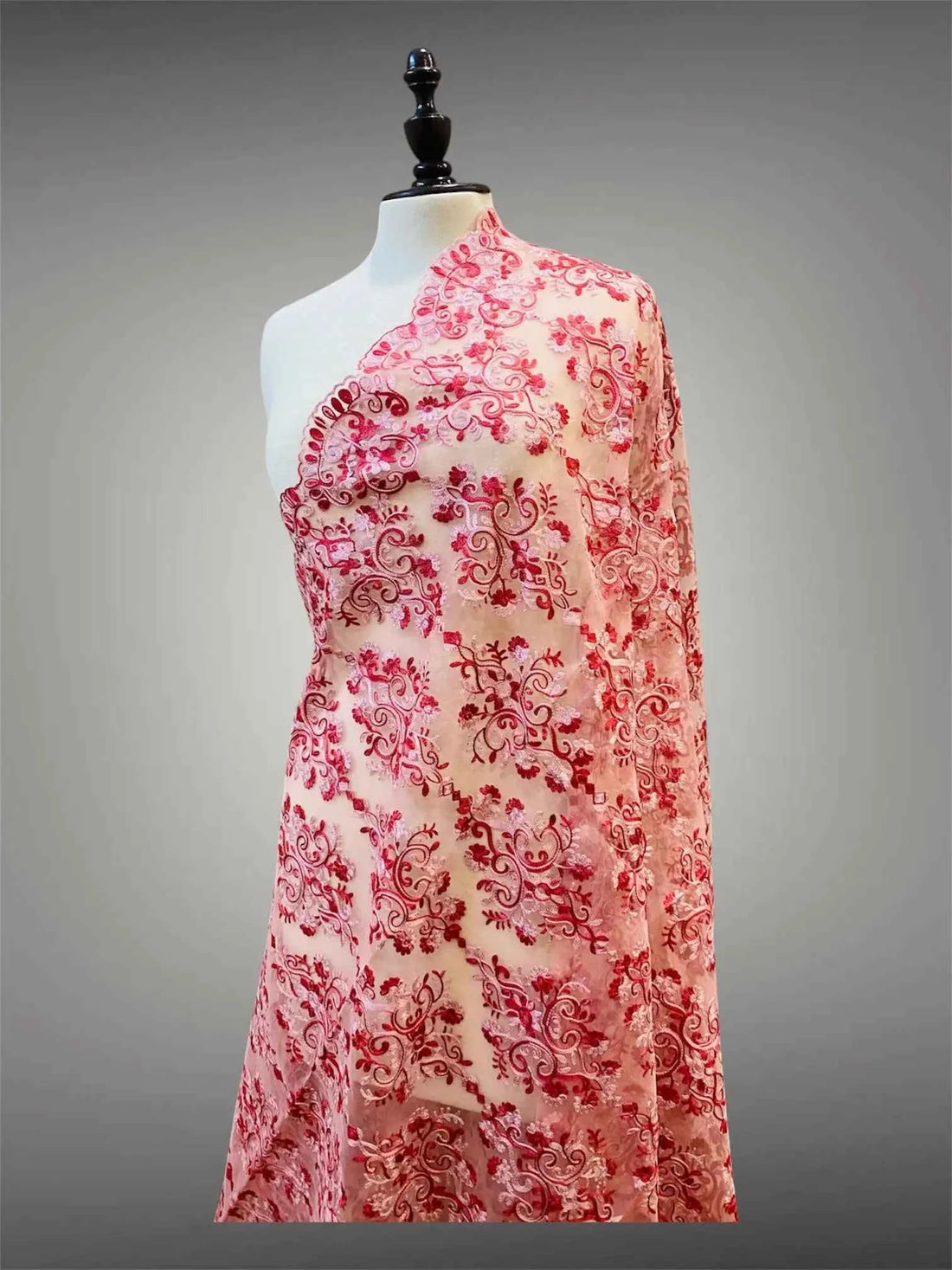 Elegant Blush Pink with Crimson Organza Silk Thread Embroidery Dupatta