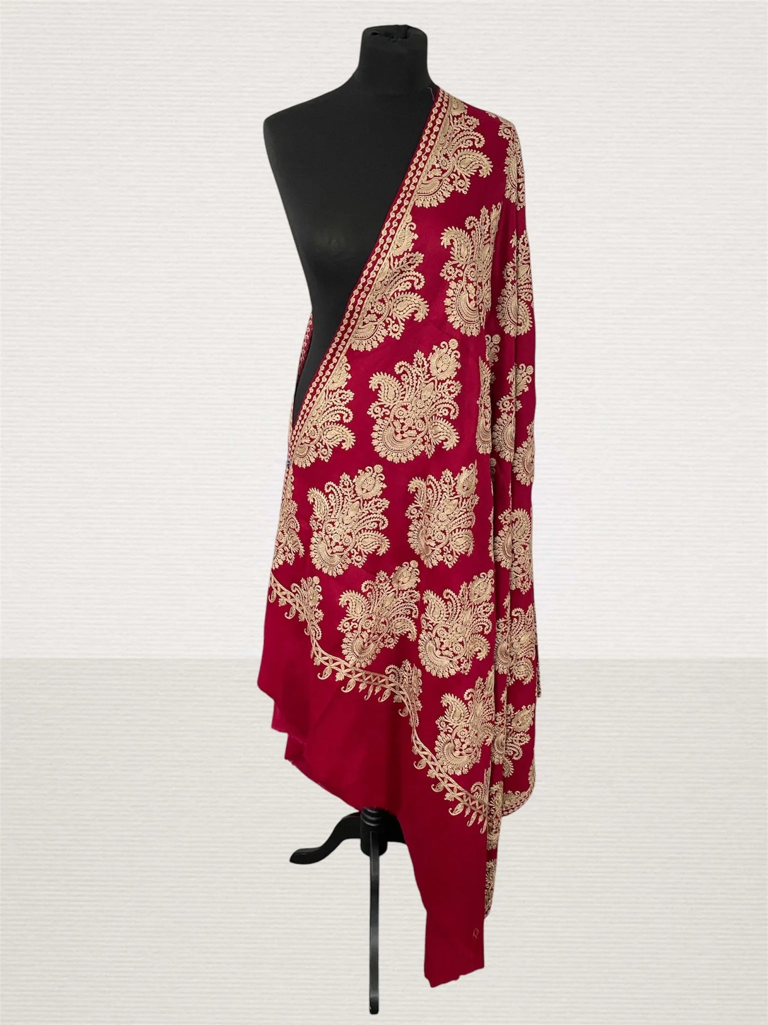 Luxury Crimson Red Pashmina Shawl – Aari Machine Embroidery Wrap - LoomFable