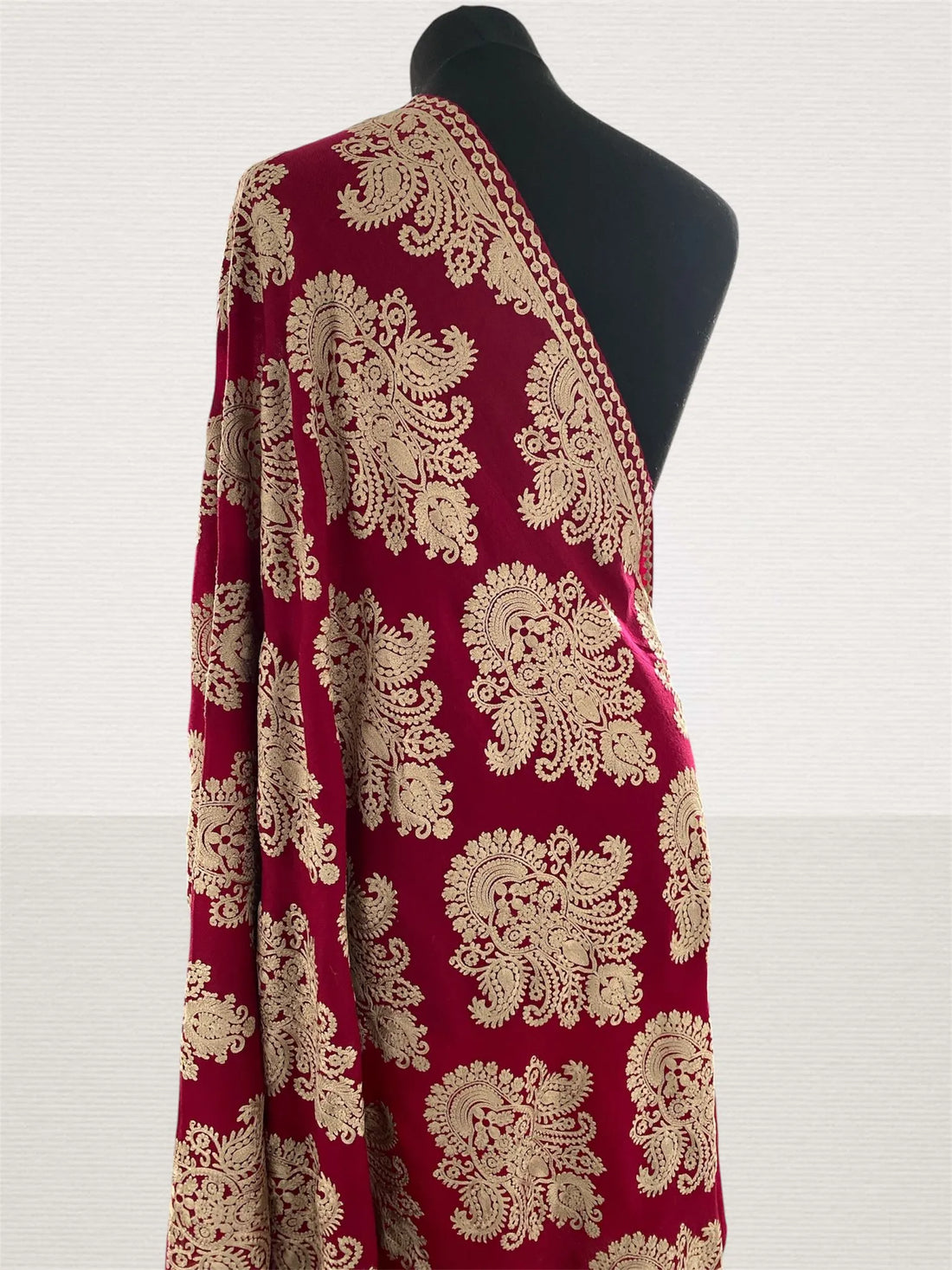 Luxury Crimson Red Pashmina Shawl – Aari Machine Embroidery Wrap - LoomFable