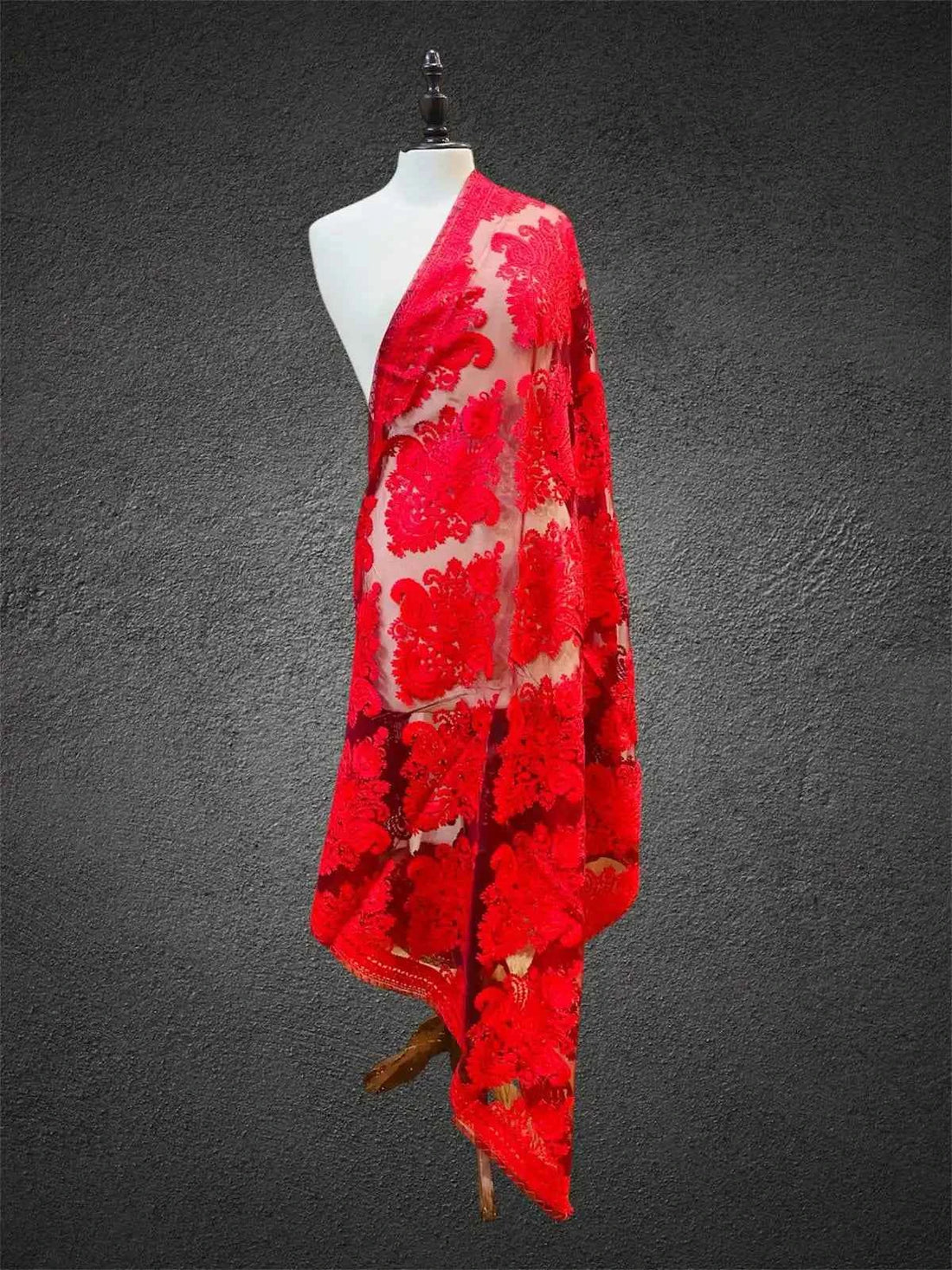 Royal Crimson Red Tone-on-Tone Aari Embroidered Organza Dupatta