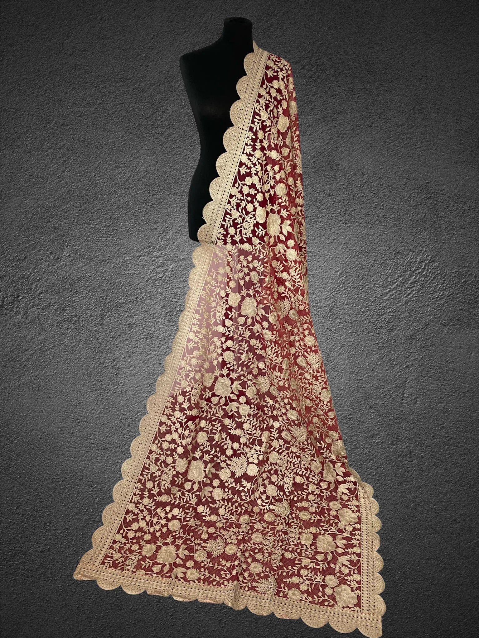 Royalty Crimson Soft Organza Dupatta | Antique Gold Aari Embroidery - LoomFable