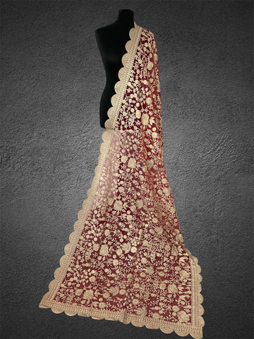 Royalty Crimson Soft Organza Dupatta | Antique Gold Aari Embroidery - LoomFable