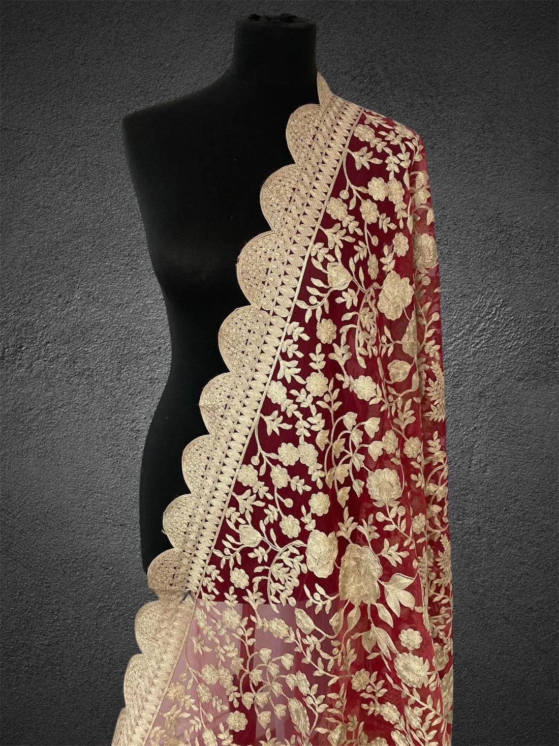 Royalty Crimson Soft Organza Dupatta | Antique Gold Aari Embroidery - LoomFable